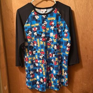 LuLaRoe Blue Mickey Mouse Raglan Top with Black Sleeves